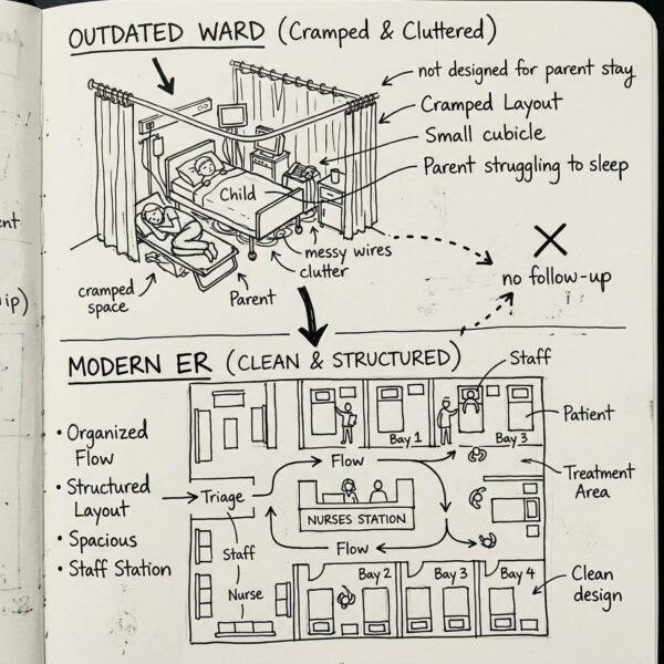 A split hospital experience: a modern, well-equipped emergency department downstairs contrasted with an outdated, cramped inpatient ward upstairs where a parent struggles to stay overnight beside a child. A dotted line represents a promised follow-up that disappears into a gap, requiring the parent to chase the system.