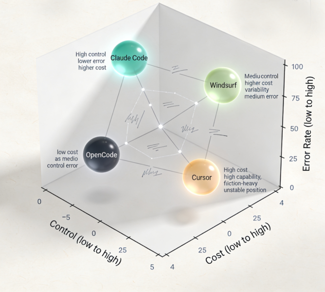 A layered diagram showing three modes: Direct control (Claude Code) Assisted abstraction (Windsurf) Lightweight fallback (OpenCode) With arrows showing cost, error rate, and cognitive load.”
