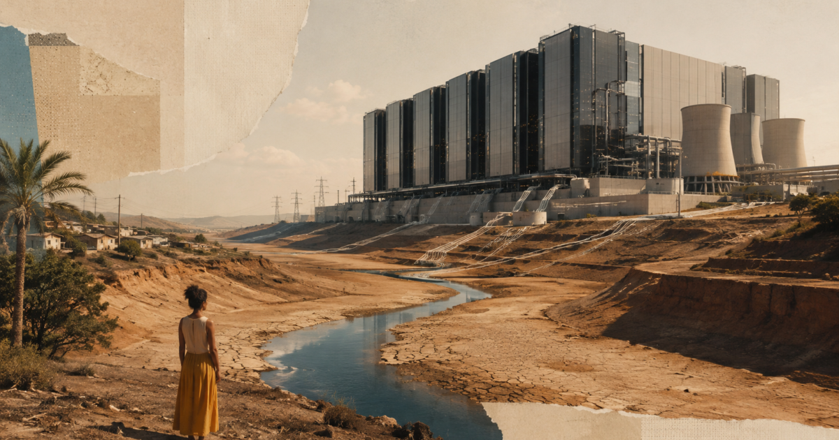 A woman stands beside a narrow stream in a dry, cracked landscape, looking towards a massive data centre with cooling towers, pipes and power lines in the distance.
